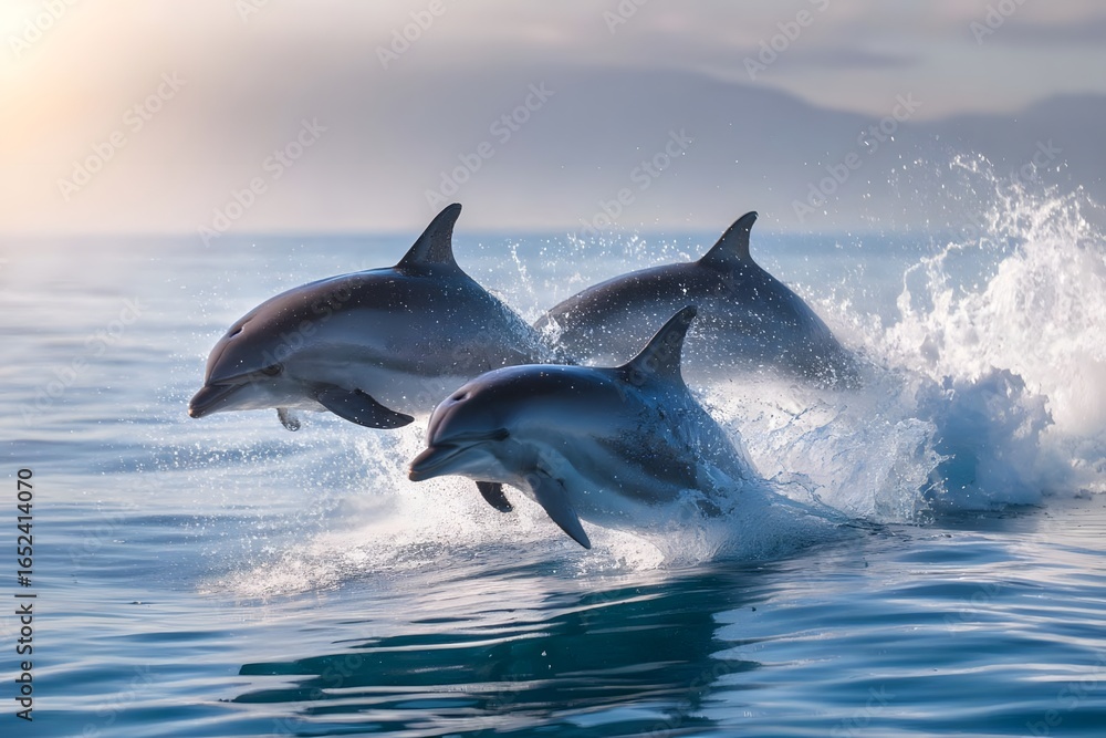 Fototapeta premium Three dolphins leap from the ocean.