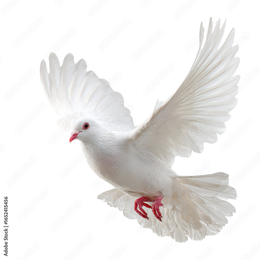 Fototapeta premium White dove in flight over a bright background showing graceful wings and vibrant red feet