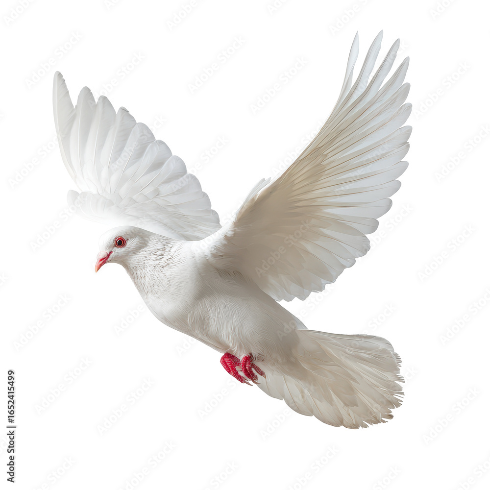 Fototapeta premium White dove in graceful flight captured against a plain background showcasing elegance and tranquility