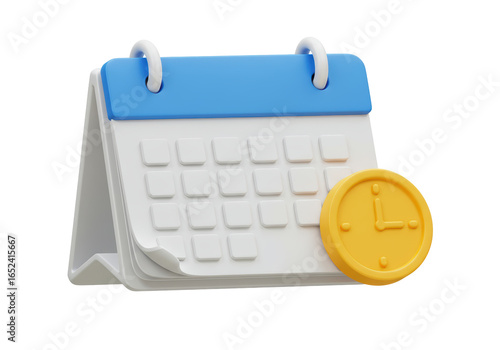 Isolated White Calendar with Blue Accents and Gold Clock Icon