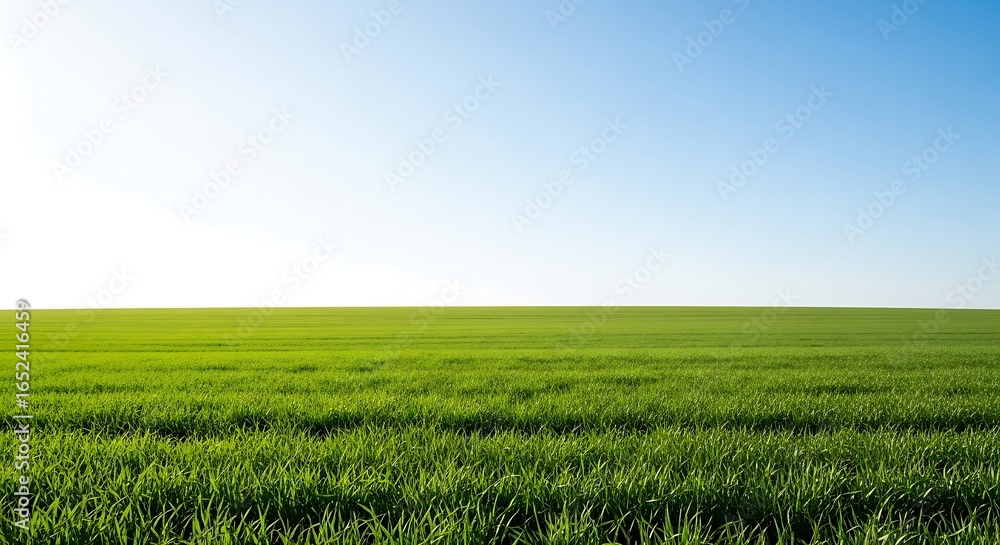 Obraz premium Lush green grass field stretching to the horizon under a clear blue sky, a serene and idyllic spring landscape symbolizing growth and nature's simplicity.