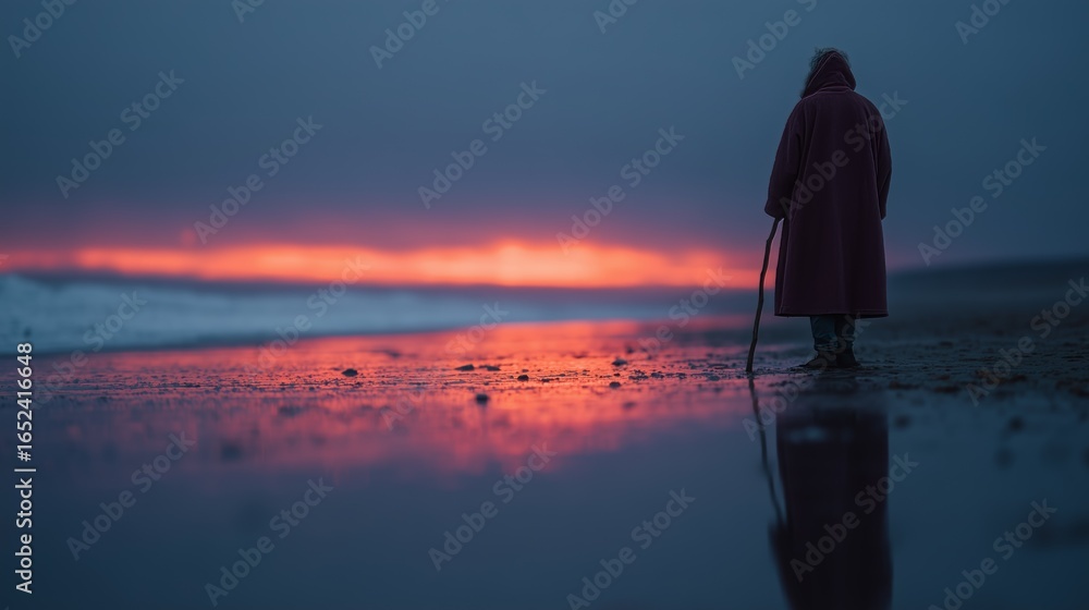 Fototapeta premium Solitary figure stands on the beach with a walking stick, gazing at an intense, colorful sunset reflecting on wet sand.