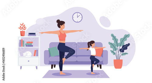 A mother and daughter are doing yoga together at home, isolated on white background they are in tree pose with arms extended and are having a great time