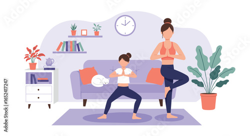 A mother and daughter are doing yoga together at home, isolated on white background they are in tree pose with arms extended and are having a great time