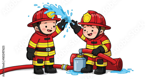 Happy Cartoon Firefighters Playing with Water Hose