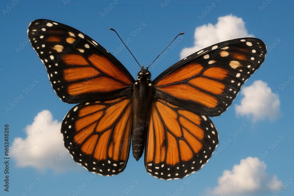 Fototapeta premium A Monarch Butterfly Soars Above the Clouds