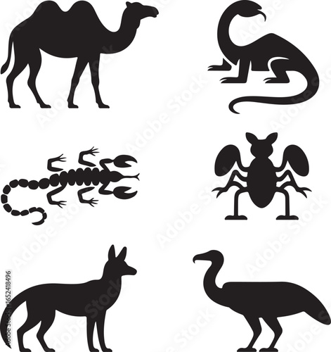 Silhouette collection of camel scorpion dinosaur fox vulture and insect dromedary hump