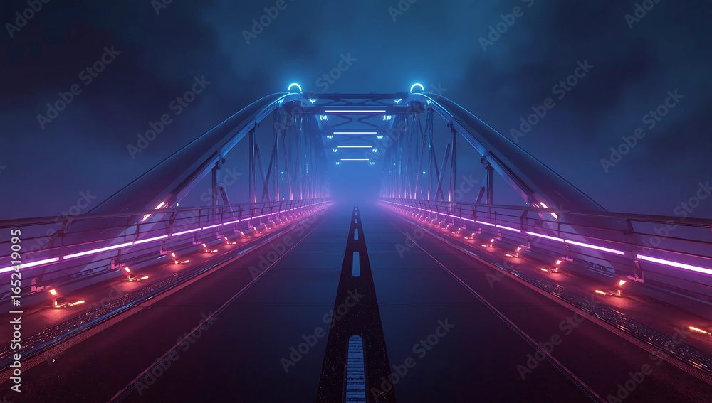 Obraz premium A futuristic bridge glowing with neon blue and pink lights in a mysterious foggy night. Created with AI generative illustration, showing a modern cyberpunk-style atmosphere.