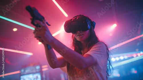 Young Woman Immersed in Neon-Lit Virtual Reality Gaming Experience with Handheld Controller