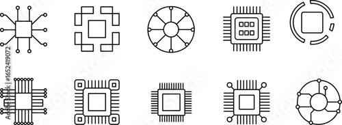 Microchip and circuit icons set, technology symbols, processor, integrated circuit, digital hardware, electronics design, tech interface, modern line art vector collection