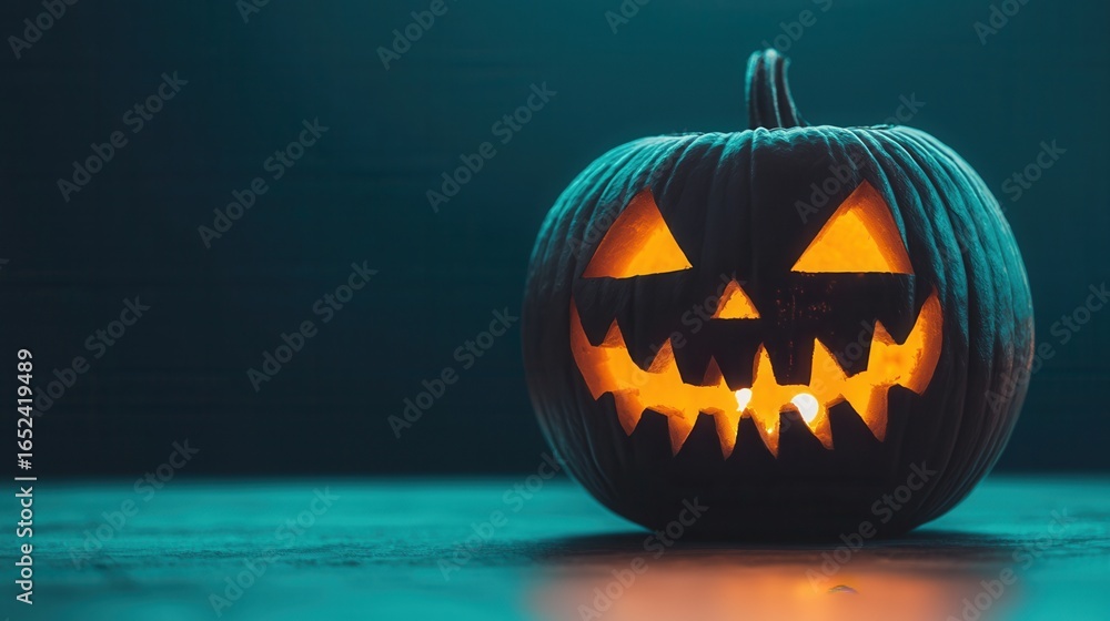 Fototapeta premium halloween concept. Spooky carved pumpkin glowing in the dark.