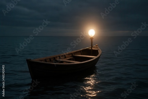 A lone boat illuminated by a solitary light at night on the vast ocean