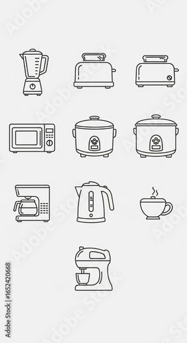 A collection of outlined kitchen appliances, showcasing various cooking and beverage preparation tools.