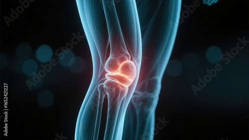 Close-up view of a human knee joint with pain indication