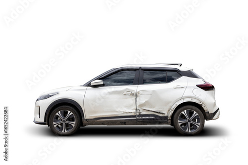 Side view of a white SUV with side damage from a car accident on transparent background. png file