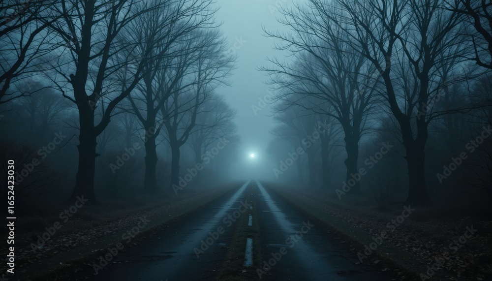 Obraz premium Mysterious foggy road scene enchanted forest photography atmospheric low-angle mystery and intrigue