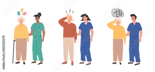 Set of elderly people experiencing cognitive challenges, confusion, and support from caregivers. Senior healthcare and assistance concept. Alzheimer dementia symptoms. Flat Style Vector Illustration.