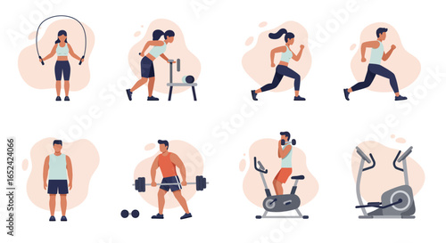 Diverse group engaged in various fitness activities and exercises isolated on white background, promoting a healthy and active lifestyle with different equipment