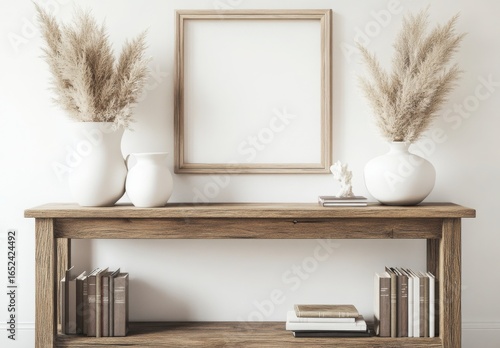 Rustic Wooden Console Table With Dried Plants And Books