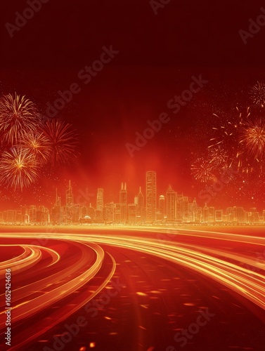 City skyline on red background