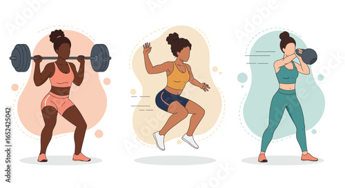 Three women are doing different exercises, including squats with a barbell, jumping squats, and kettlebell swings isolated on white background