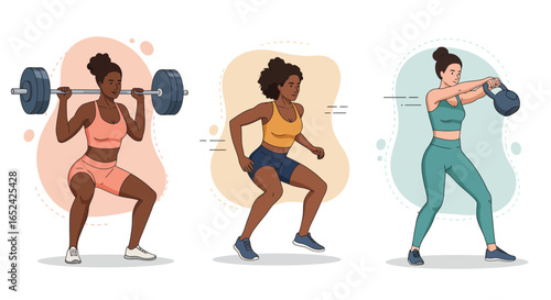 Three women are doing different exercises, including squats with a barbell, jumping squats, and kettlebell swings isolated on white background