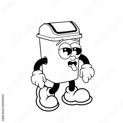 Retro character design of tired trash can outline