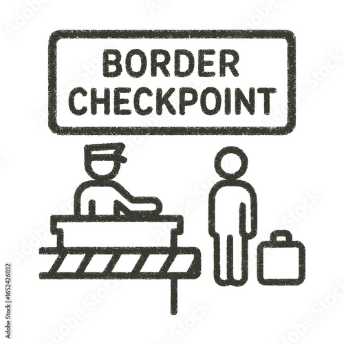 Border checkpoint illustration with officer and traveler holding suitcase  