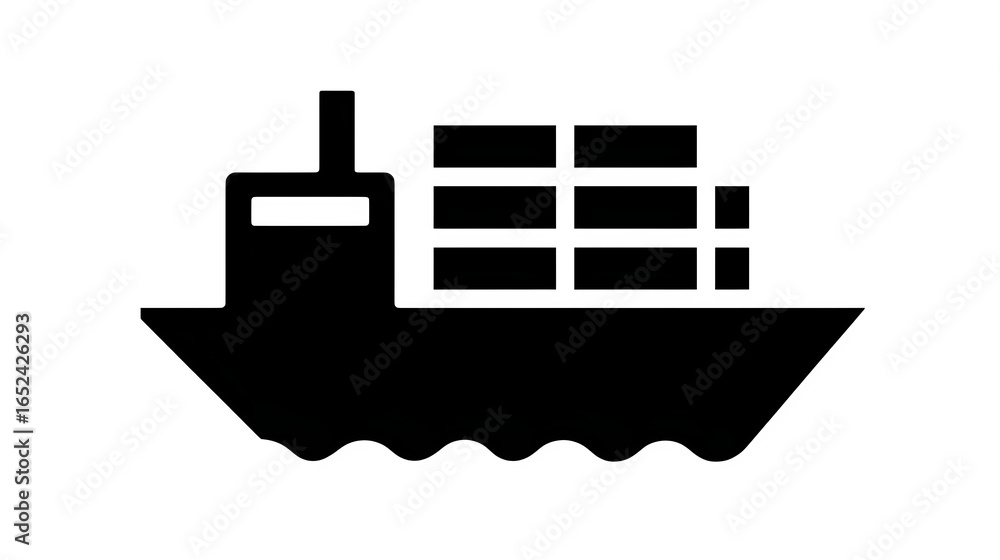 Obraz premium Filled black flat icon of a cargo ship with containers, minimal style, isolated on transparent background
