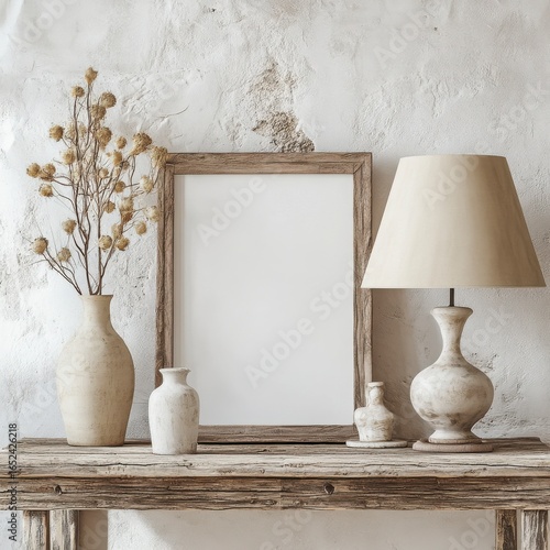 Rustic Wooden Tabletop Mockup with Beige Lamp and Dried Flowers