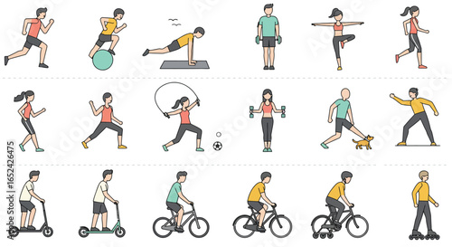 Collection of diverse fitness activities and exercises isolated on white background, showcasing a healthy and active lifestyle with various sports and workouts