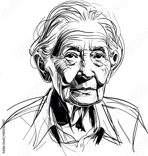 Expressive elderly portrait sketch. Stylized aged face in minimalist line art.