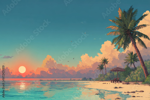 Drawing tropical beach summer background. Graphic illustration design. Generative ai.