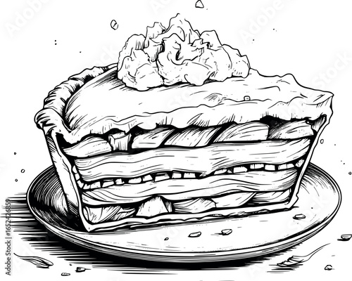 Detailed line art fish pie sketch with mashed potato topping. Cross-section view of traditional English comfort food, vector illustration isolated on white background.