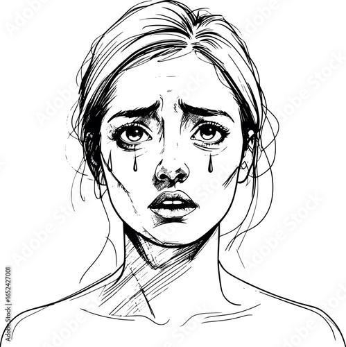 Crying woman portrait sketch. Emotional line art illustration, vector format.