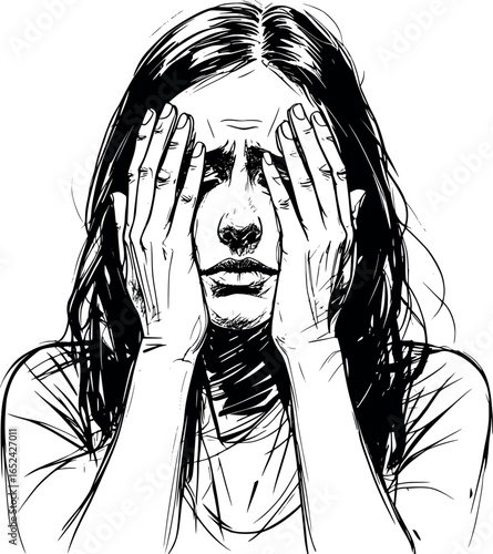 Despair woman sketch portrait. Expressive emotional vector illustration.
