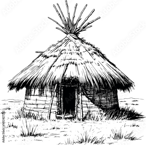 African mud hut sketch with thatched roof. Hand-drawn traditional rural home vector isolated on white.