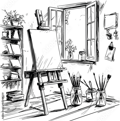Artist studio sketch with easel and brushes. Hand-drawn creative workspace vector isolated on white.