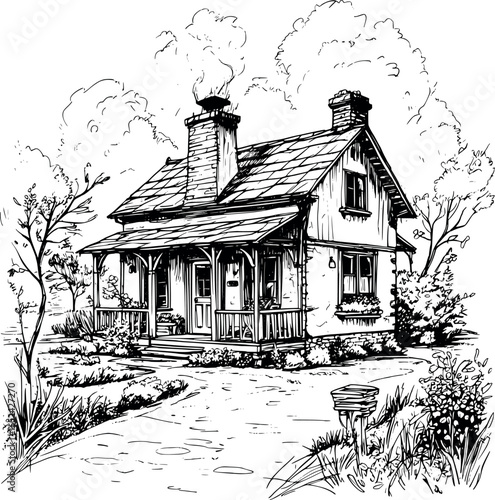 Cozy cottage sketch with chimney and garden. Hand-drawn rustic home vector isolated on white.