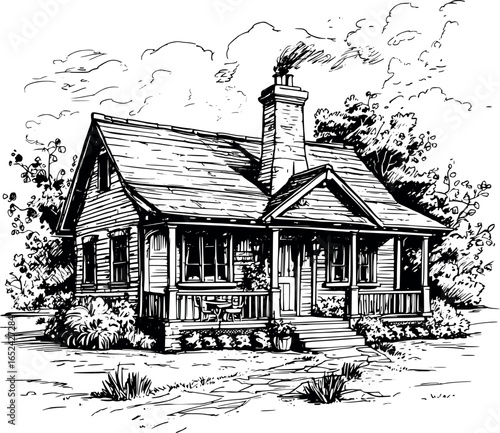 Cozy cottage sketch with chimney and garden. Hand-drawn rustic home vector isolated on white.