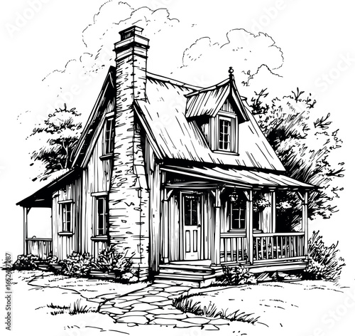 Cozy cottage sketch with chimney and garden. Hand-drawn rustic home vector isolated on white.