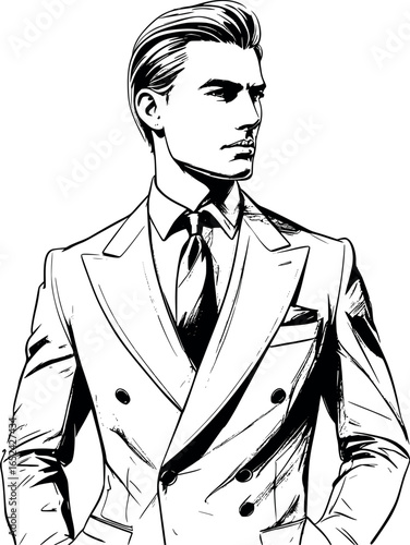 Elegant man in suit sketch with confident look. Hand-drawn fashion vector portrait isolated on white.