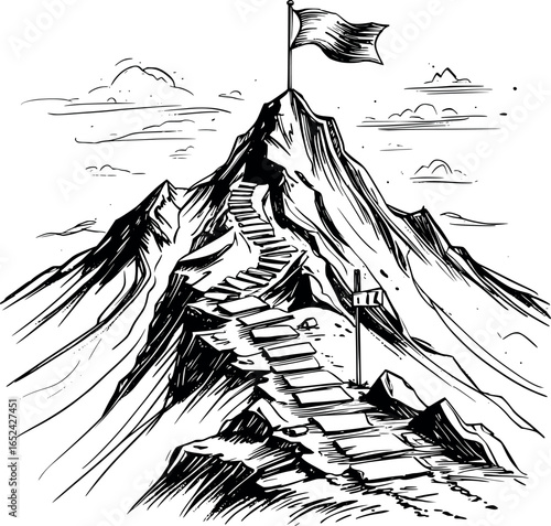 Mountain with goal flag sketch. Hand-drawn long-term success path vector isolated on white.