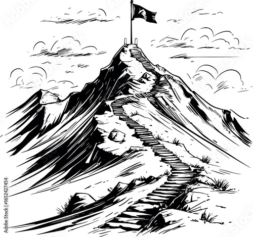 Mountain with goal flag sketch. Hand-drawn long-term success path vector isolated on white.