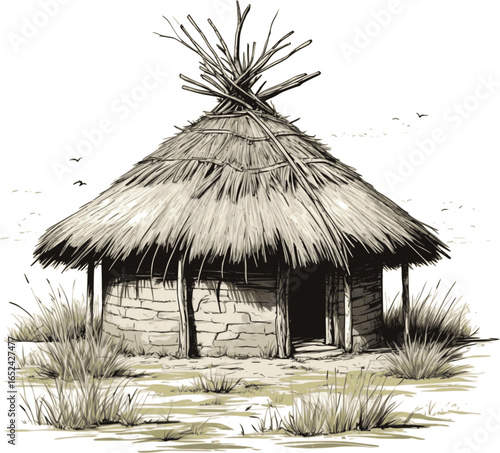 African mud hut sketch with thatched roof. Hand-drawn traditional rural home vector isolated on white.