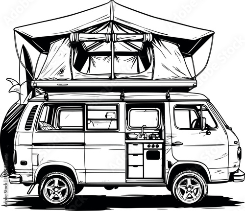 Van life home sketch with rooftop tent and kitchen. Hand-drawn mobile living vector isolated on white.