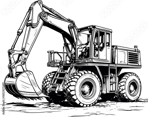 Construction machine sketch. Heavy equipment with digging arm, isolated on white.