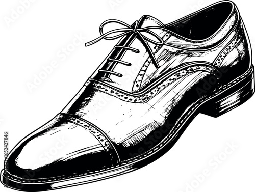 Men's Oxford Shoe Sketch. Classic Formal Footwear With Detailed Leather Texture Illustration