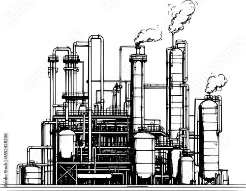 Industrial oil refinery sketch with tanks and pipes, schematic line art, isolated on white.