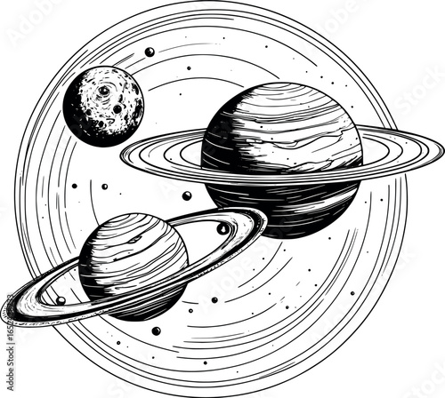 Planet And Moon Orbital Sketch. Celestial Bodies Illustration With Astronomical Drawing Style
